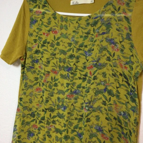Hi-Line Floral Print Top Olive Green Short Sleeve Casual Top Size S (299) - Picture 10 of 10